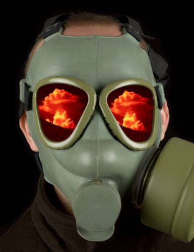 Gas mask with reflections of nuclear mushroom on eye visors